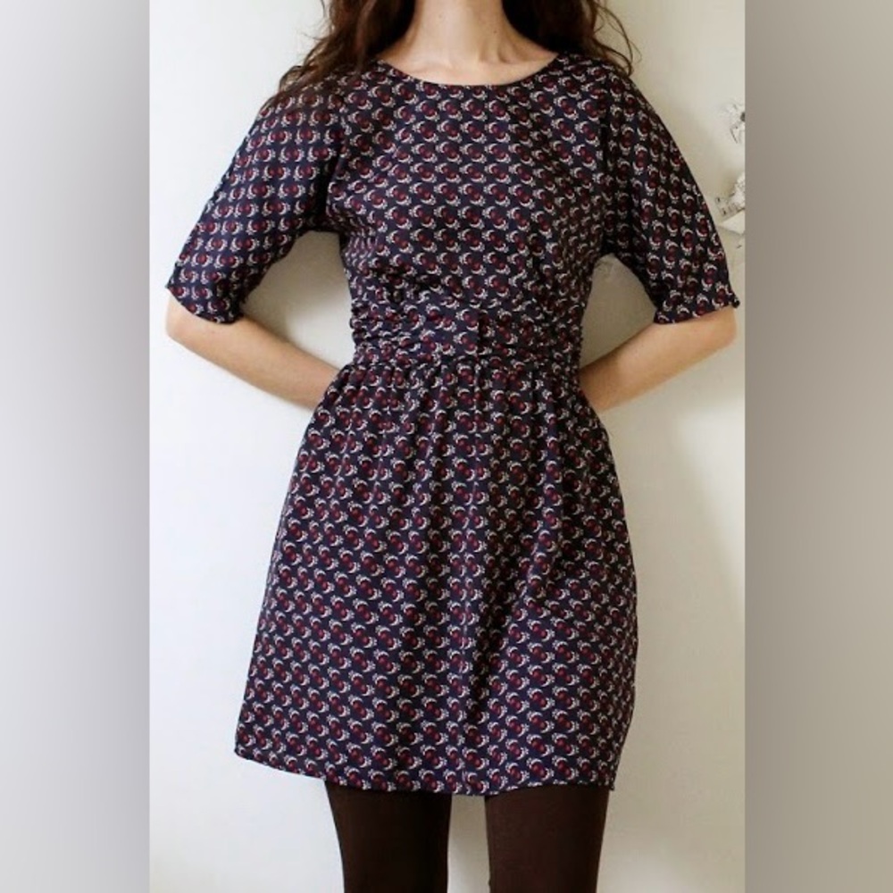 Navy Blue Print Short Sleeve Fit and Flare Dress